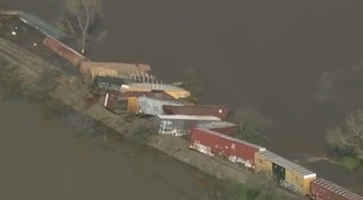 22 train cars plunge into river in California derailment