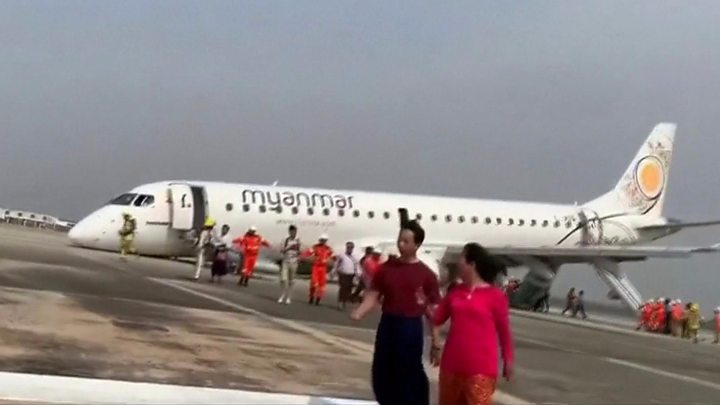 Pilot in Myanmar lands plane without front wheels