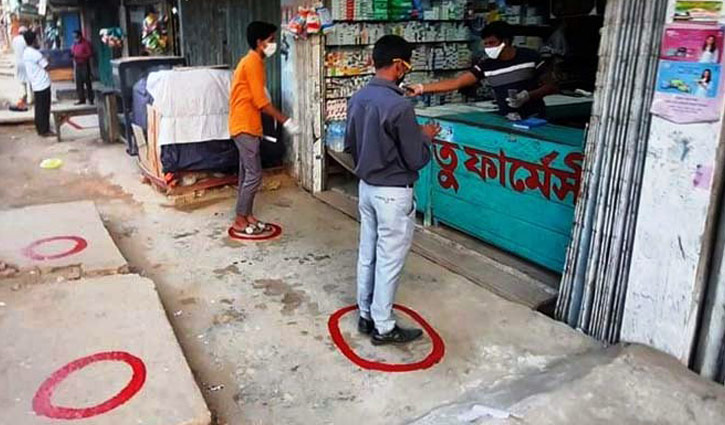 কেনাকাটায় দূরত্ব বজায় রাখতে দোকানের সামনে বৃত্ত কেনাকাটায় দূরত্ব বজায় রাখতে দোকানের সামনে বৃত্ত