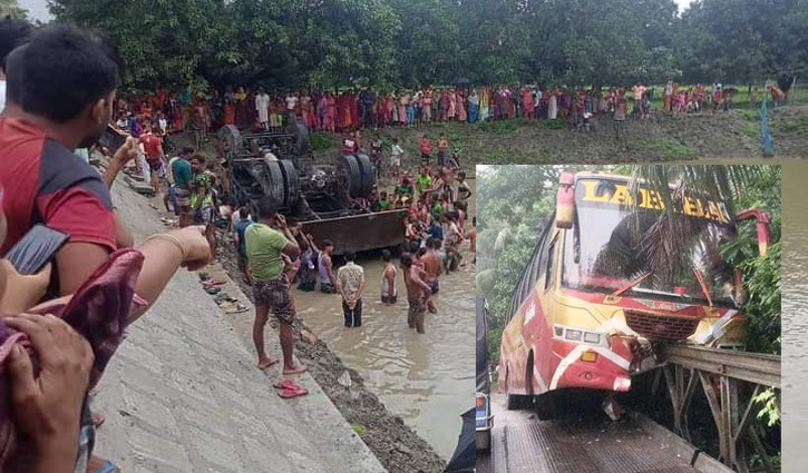 ঝালকাঠিতে নিয়ন্ত্রণ হারালো দুই বাস, একটি পুকুরে