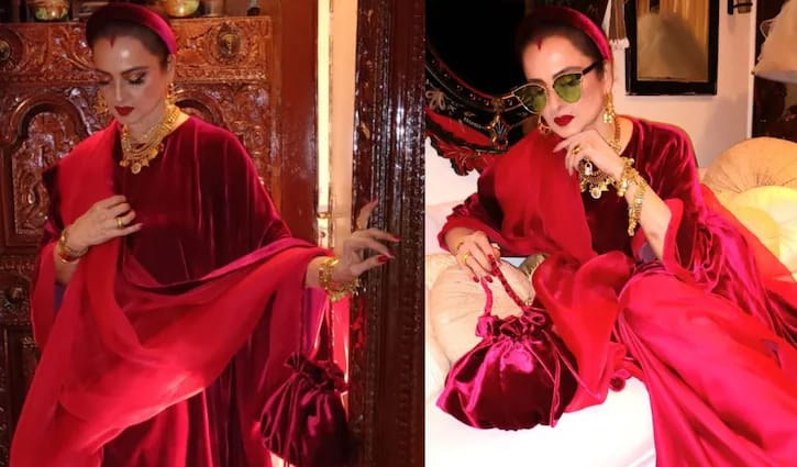 ভেলভেট টিউনিক আর লাল সাটিনে রেখার রাজকীয় লুক