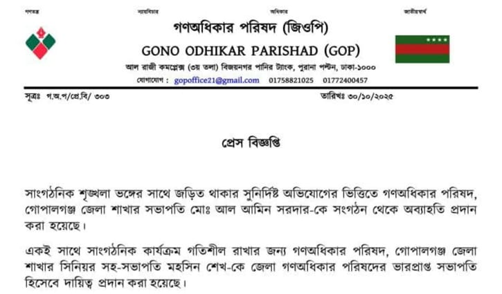 গণঅধিকার পরিষদের গোপালগঞ্জ শাখার সভাপতিকে অব্যাহতি