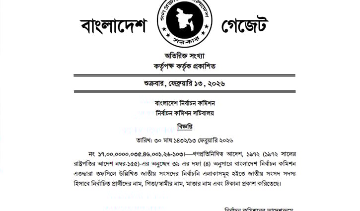 নবনির্বাচিত সংসদ সদস্যদের গেজেট প্রকাশ